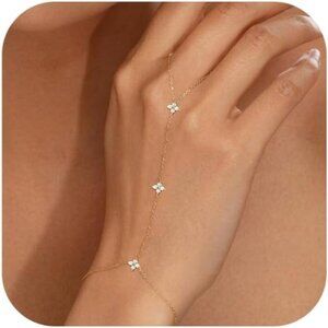 14K-Gold Plated GD Clover Link Trendy Chain Ring Bracelet Hand Chain for Women